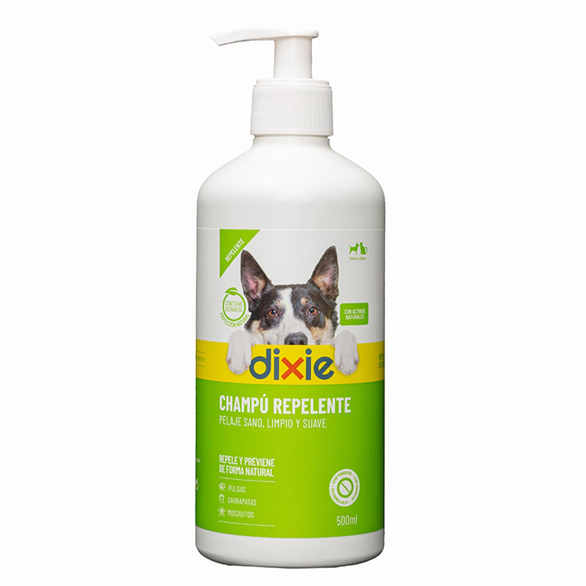 DIXIE - Champú Repelente Perros y Gatos - 500 ml - Repele y Protege contra Mosquitos, Pulgas, Garrapatas y Otros Insectos - Facilita el Cepillado del Pelaje - para Todo Tipo de Pelajes