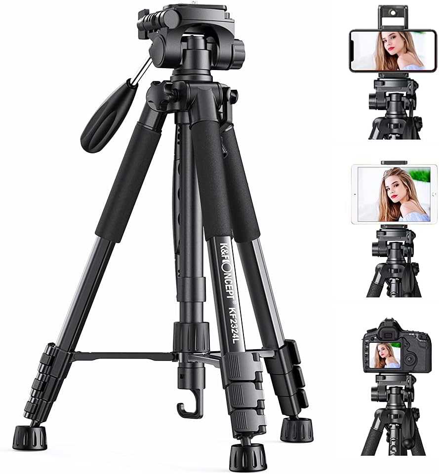 K&F Concept Lightweight Camera Tripod with Mobile Phone Holder, 146 cm Photo Tripod for Smartphone iPhone Samsung DSLR SLR Canon Nikon Sony Olympus