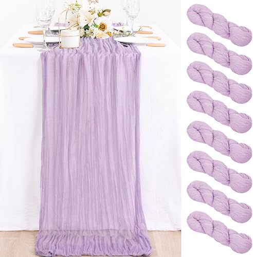 MLMC Paquete de 8 caminos de mesa de gasa de 10 pies de gasa lila transparente arrugada a granel de 35 x 120 pulgadas para decoración de bodas, baby