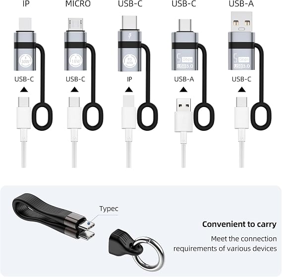 USB A to USB C 3.0 OTG Adapter, USB C to Micro Converter, IP to Type-C Converter, and Type-C to USB A OTG 3.0 Adapter (6 Pieces), Supporting Fast Charging and Data Transfer