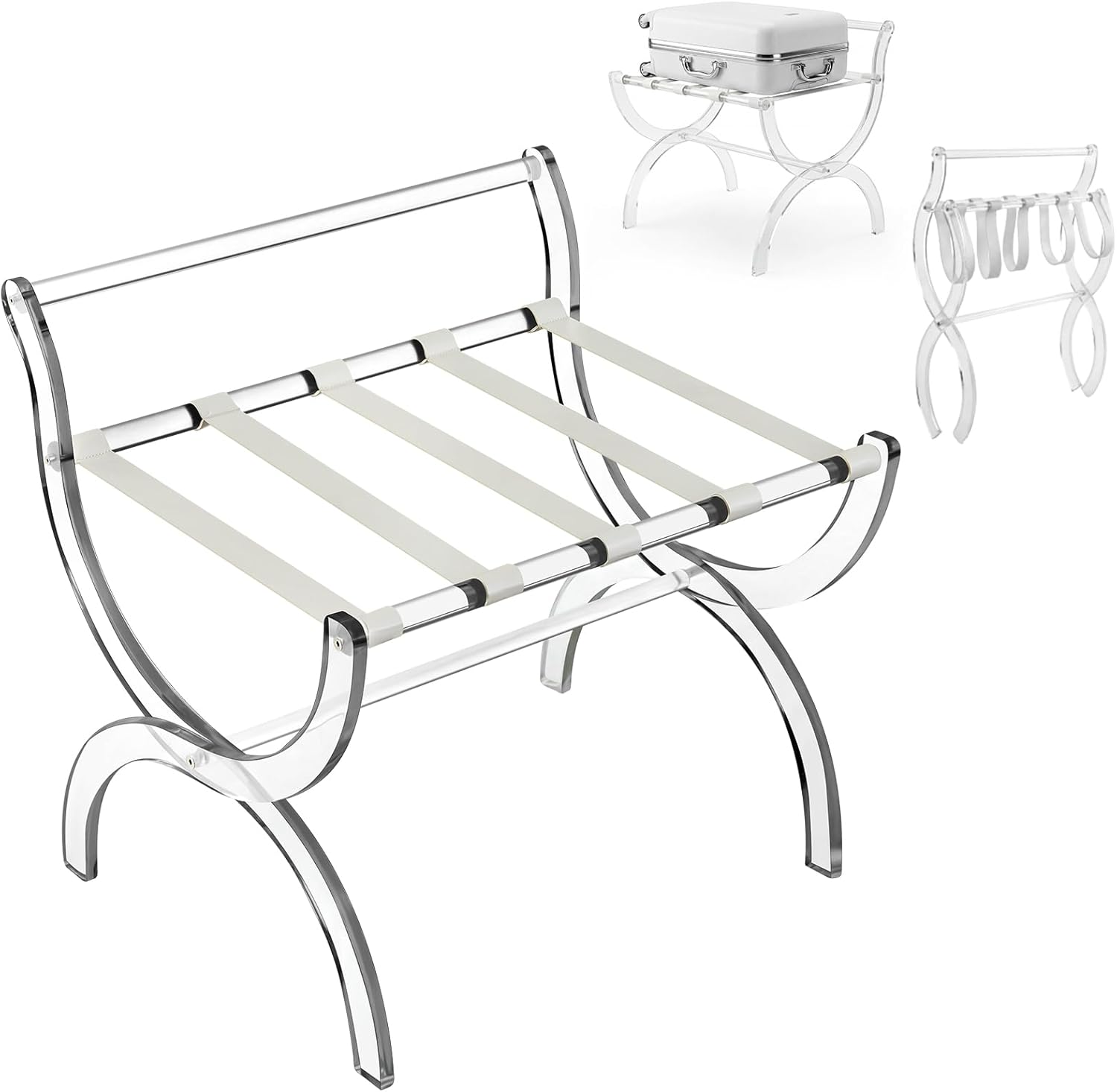 Acrylic Luggage Rack for Guest Room, Foldable Suitcase Stand with Back & Leather Straps, Clear Modern Design for Bedroom & Hotel, Heavy Duty Luggage Rack, Holds up to 100 lbs