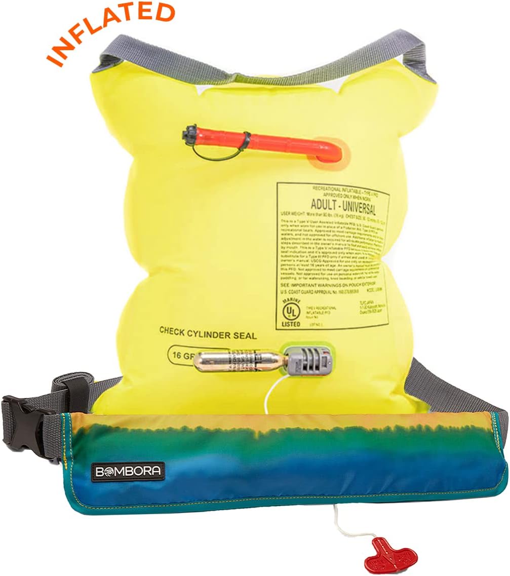 Inflatable Life Jacket-Manual Pull. Ages 16+ Life Vest Fanny Pack Inflatable PFD. US Coast Guard Approved CO2 Included Unisex Belt Pack Manual Inflatable Life Jacket Adjustable-Bombora