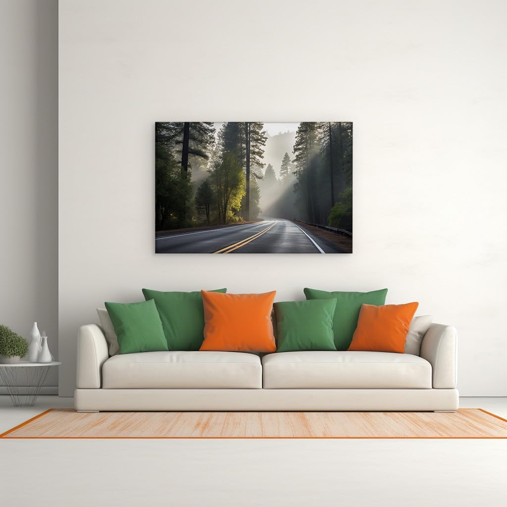 Canvas for Living room. Vanishing Roads into the Mist � The Enigmatic Journey Through Nature�s Hushed Pathways, 27 x 18 inch Canvas Wall Art - Contemporary Masterpieces - Modern Home Decor
