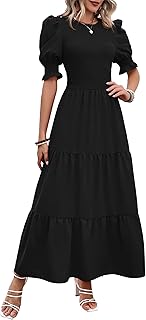 Women Casual Summer Dresses 2025 Spring Crew Neck Ruffle Short Sleeve Floral Print Smocked Boho Flowy Maxi Dress - Buy now