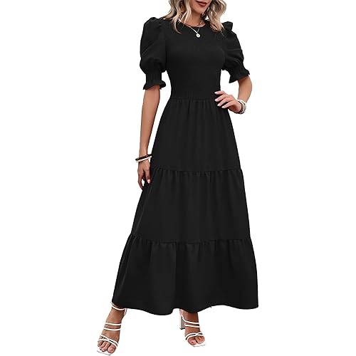 BTFBM Women Casual Summer Dresses 2024 Spring Crew Neck Ruffle Short Sleeve Floral Print Smocked Boho Flowy Maxi Dress