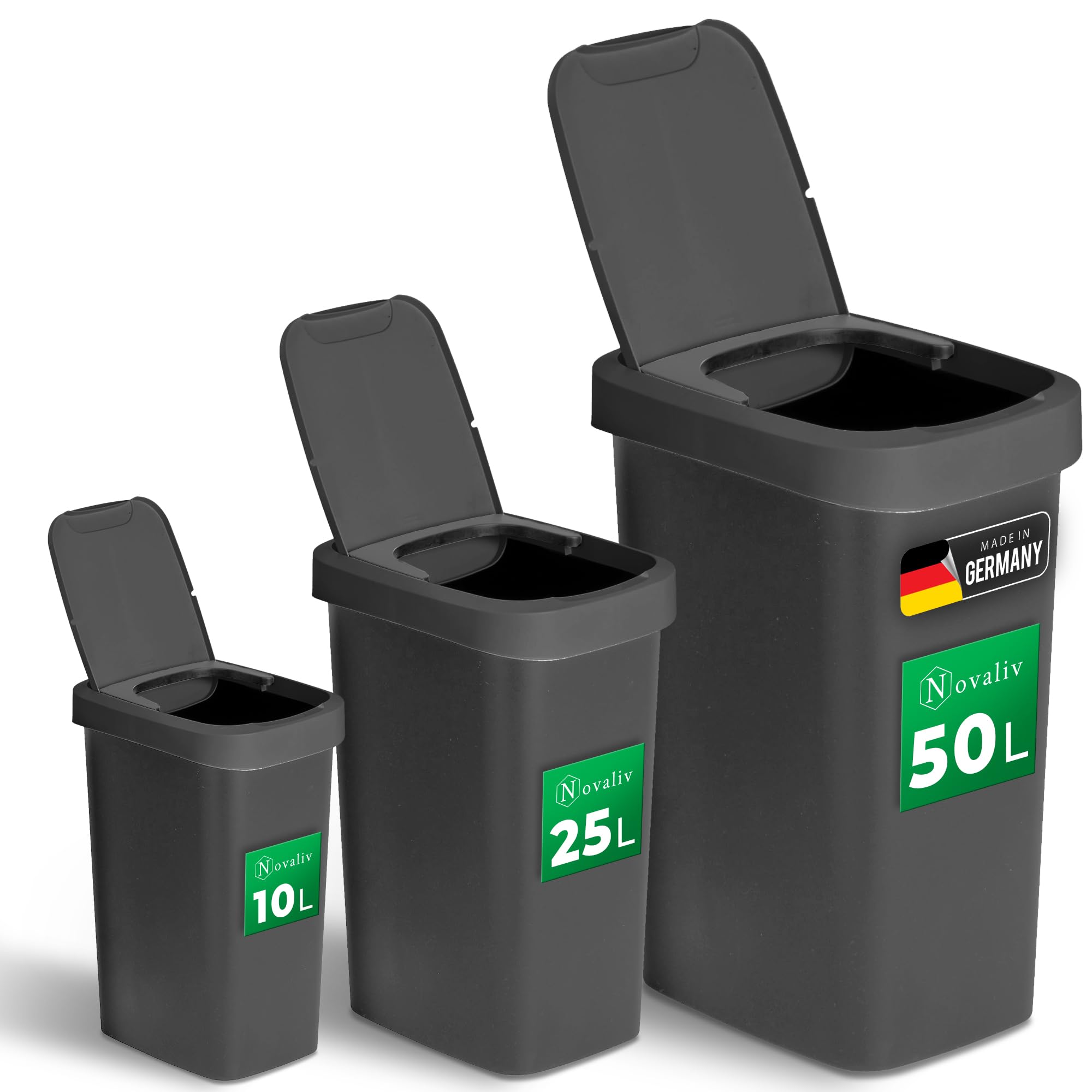 Novaliv Zestaw koszy na śmieci 10 l + 25 l + 50 l, kosz na śmieci z pokrywą 2 w 1, pokrywa na zawiasach i uchylną pokrywą, antyzapachowy, do kuchni, domu, biura, wiadro na śmieci, tworzywo sztuczne
