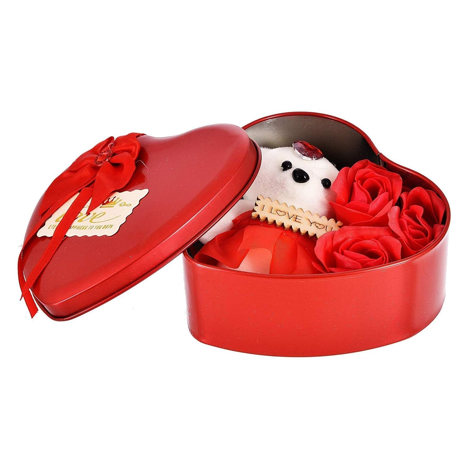 Latest Heart Shape Gift Box and Teddy & Artificial Rose (1 Teddy Bear Doll, 3 Fragnant Rose Bud Petal, 1 Heart Shape Red Tin Box) Valentine Day Special for Wife, Girl Friend, Fiancee-image-2
