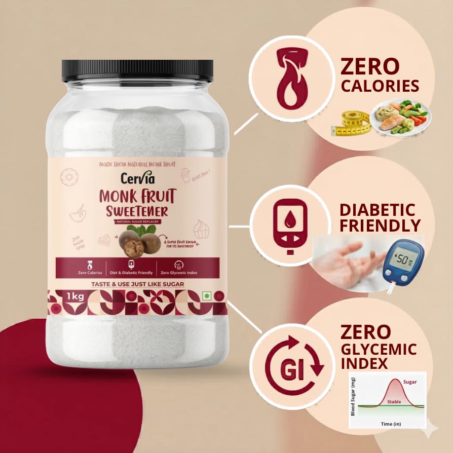 Image of Cervia Monk Fruit Natural Sweetener 1Kg | 100% Natural Sugar Replacement | Zero Calories | Zero Glycemic Index | No Blood Sugar Spike | Diabetic & Keto Friendly | No Bitter Aftertaste | For Tea, Coffee & Cooking