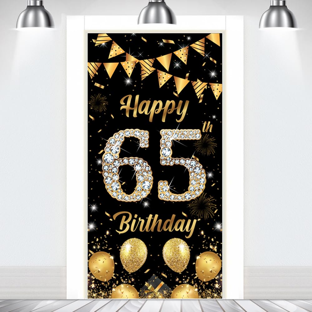 Happy Birthday Door Banner Backdrop Men Women 65th Birthday Decorations Black Gold 65 Years Old Door Background Outdoor Indoor Party Supplies Photo Props Booth Decor180×90cm