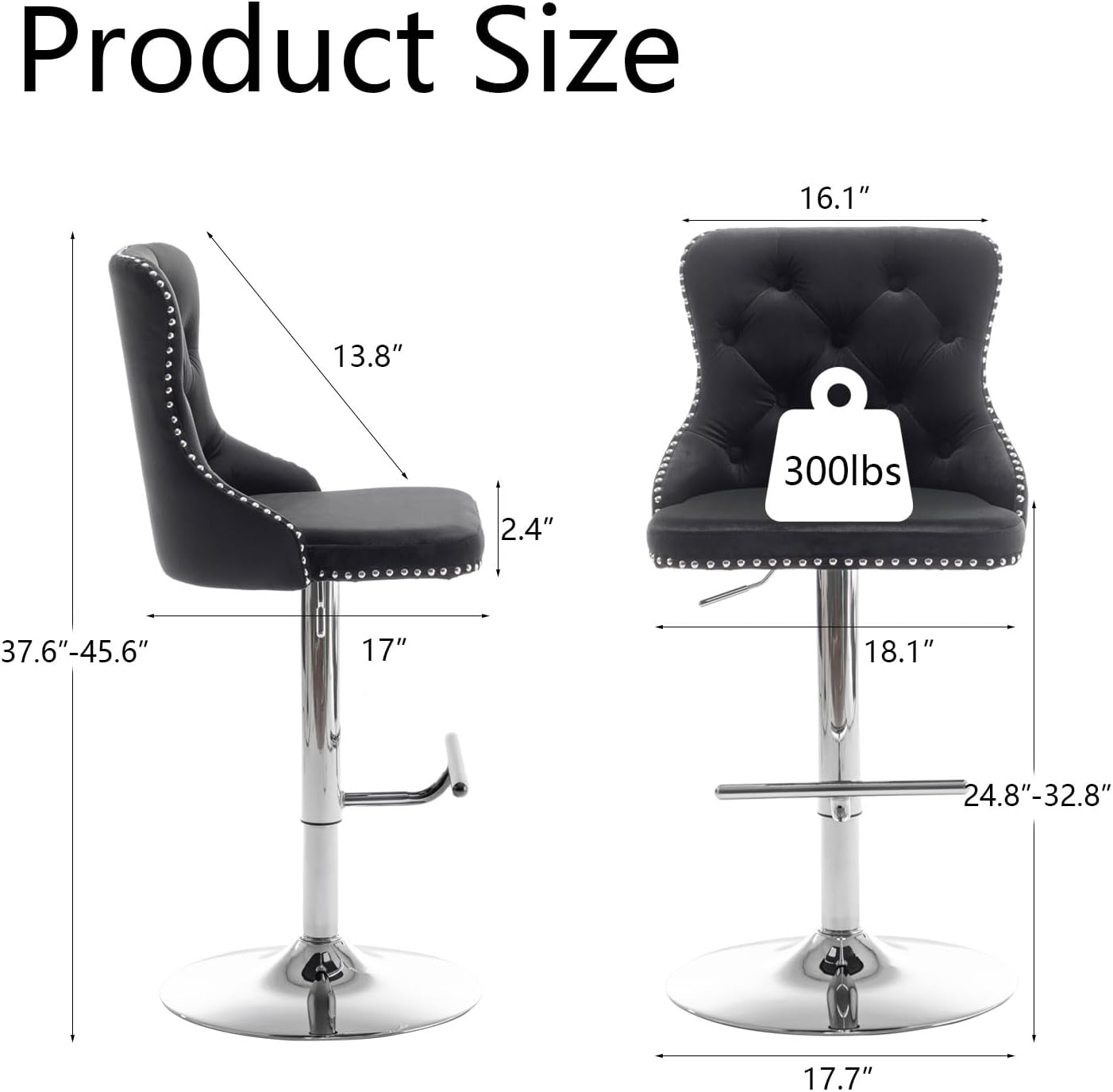 Cinxzar Velvet Bar Stools Set of 2, Swivel Counter Height Bar Stools with Nailheads Trim, Adjustable Barstools for Kitchen Island, Pub, Club (Black)