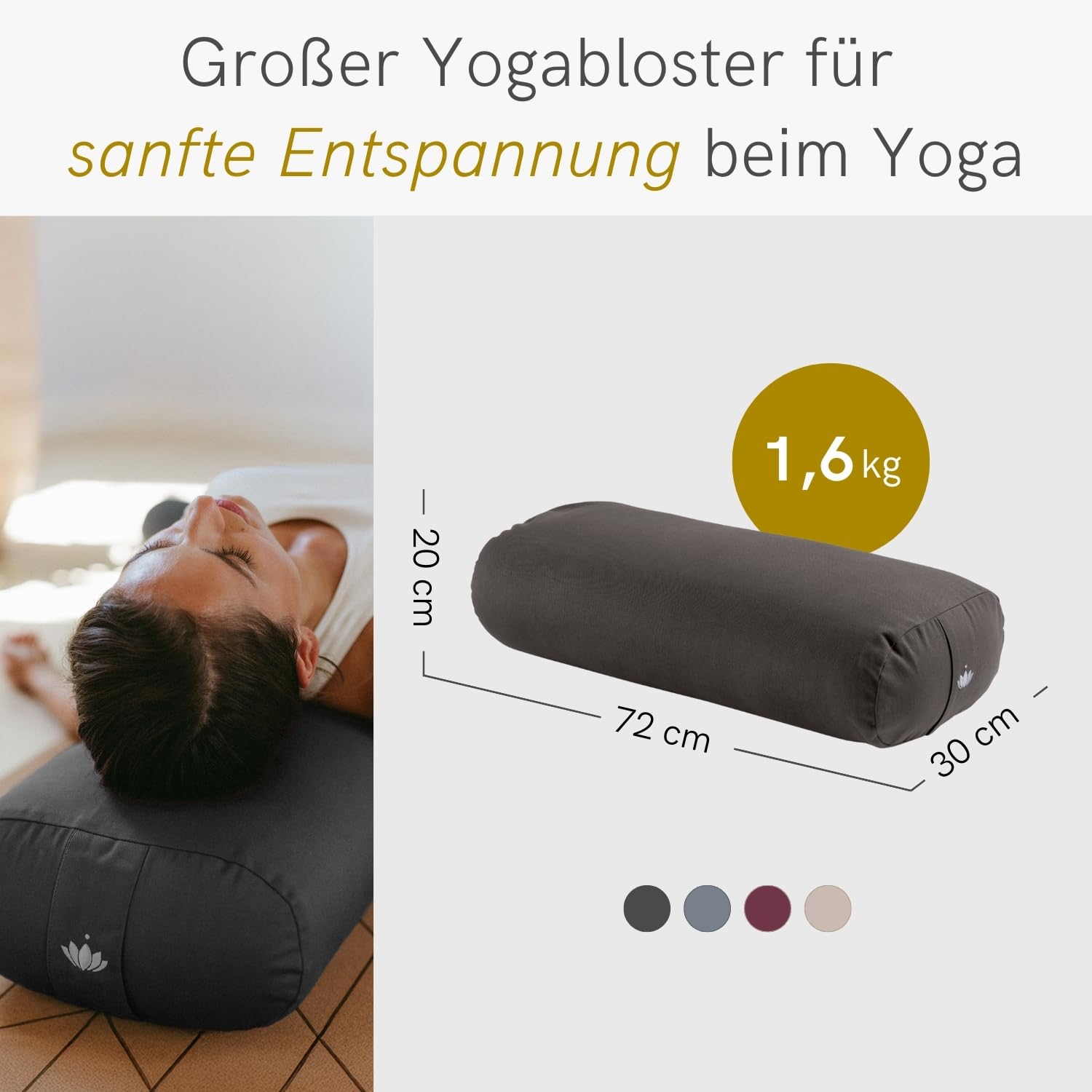 Lotuscrafts® Bolster Yoga Nackenrolle für Yin Yoga, 100% Kapok Füllung, Bezug aus Baumwolle waschbar, Kissen für Restorative Übungen