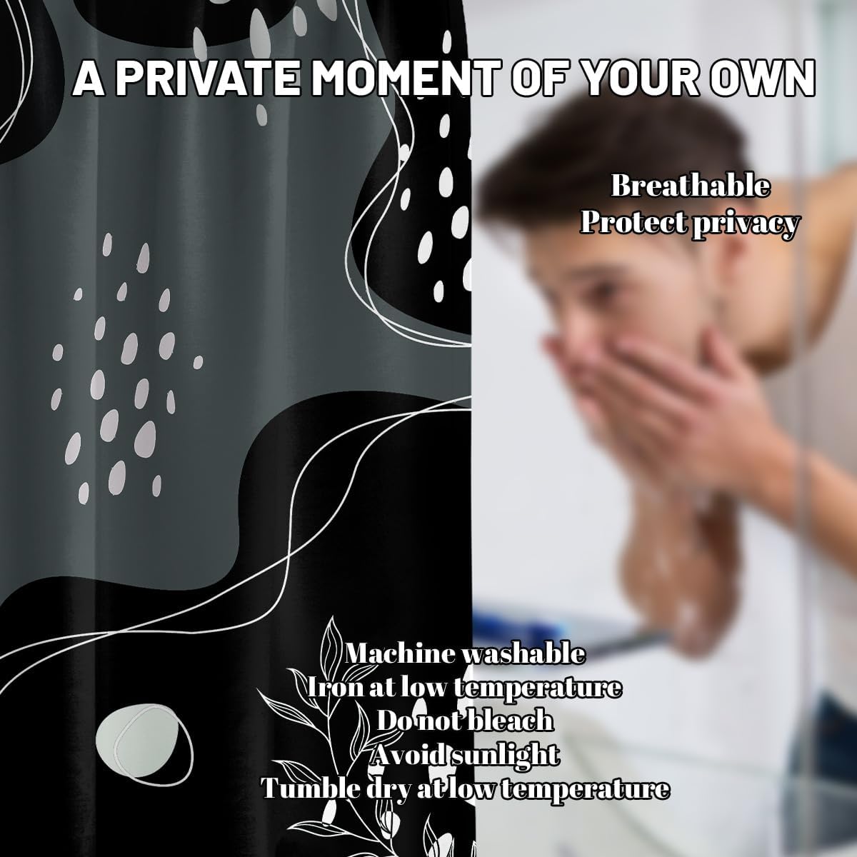 Extra Long Black and Grey Shower Curtain Extra Tall Gray and White XL Dark Boho Shower Curtains for Large Mens Bathroom Decor Sets, Waterproof Cloth Fabric with Hooks, 108x72 Inch