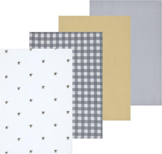 Sleepdown Bubble Bee Printed & Waffle Tea Towels 100% Cotton Half Panama - Super Absorbent Luxury Hotel Quality Kitchen Towel - Pack of 4 - White - 46cm x 65cm