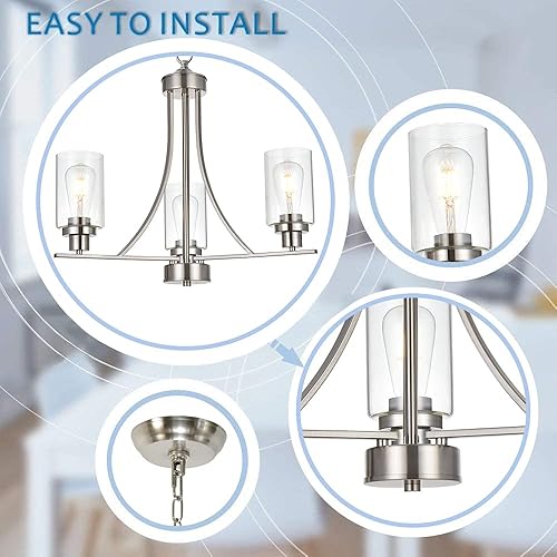 Miniatura 7 de BONLICHT Candelabro contemporáneo de 3 luces de níquel cepillado, accesorios de iluminación modernos para colgar pantallas de vidrio transparente,