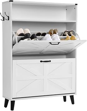 Shoe Storage Cabinet with 2 Flip Drawers, Farmhouse Shoe Cabinet with Open Storage for Entryway, Freestanding Hidden Slim Narrow Shoe Rack Cabinet for Hallway, Closet, Living Room Pure White