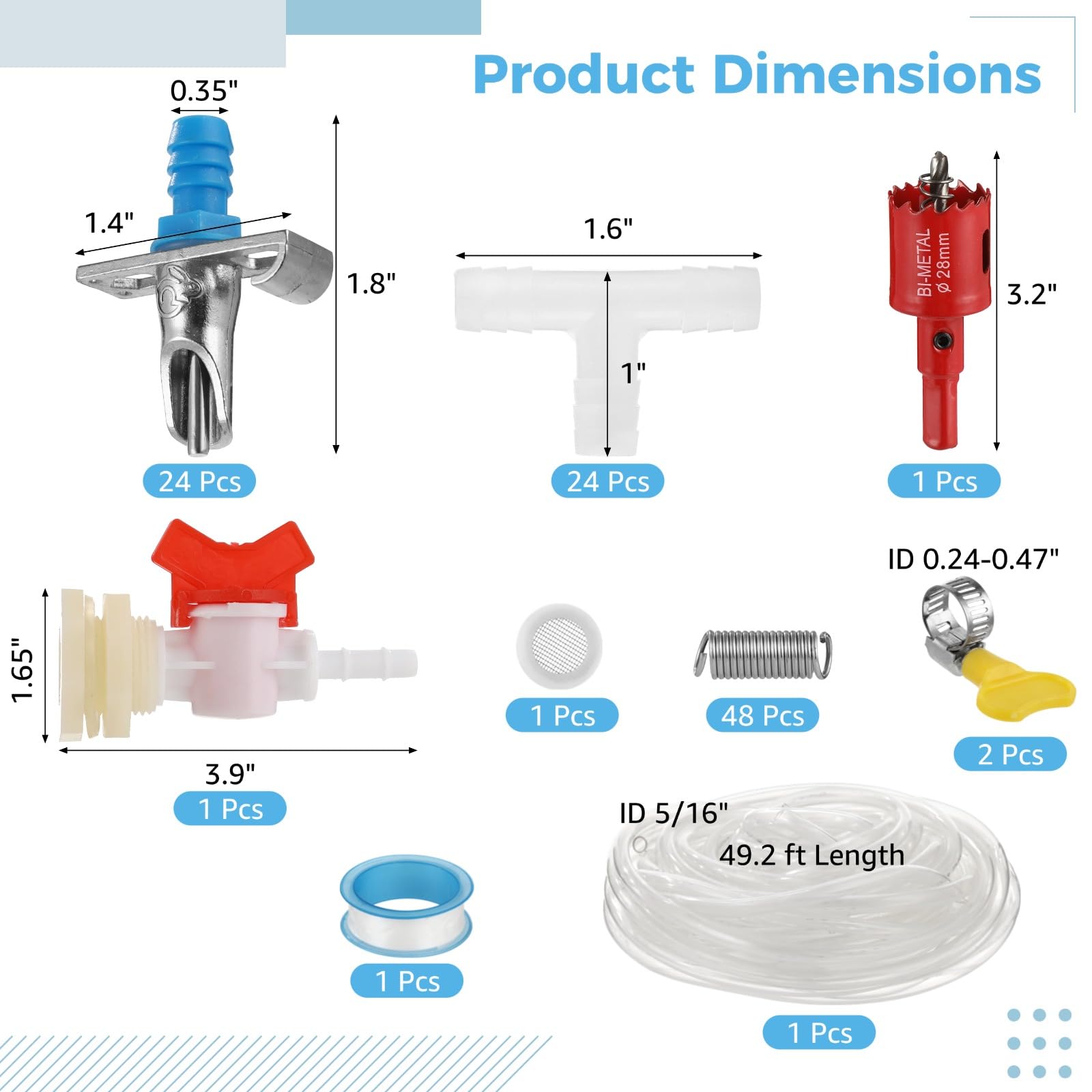 24 STK. Kaninchen-Tränker-Set, automatisches Kaninchen-Tränkesystem mit 5/16 Zoll Schlauch, T-Verbindern, Federn, Bohrer und Dichtung, für Kaninchen, Chinchillas
