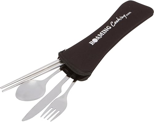 Miniatura 3 de Set de 4 unidades (cuchillo, tenedor, cuchara, palillos) para ViajesCamping Cubertería de acero inoxidable con funda de neopreno