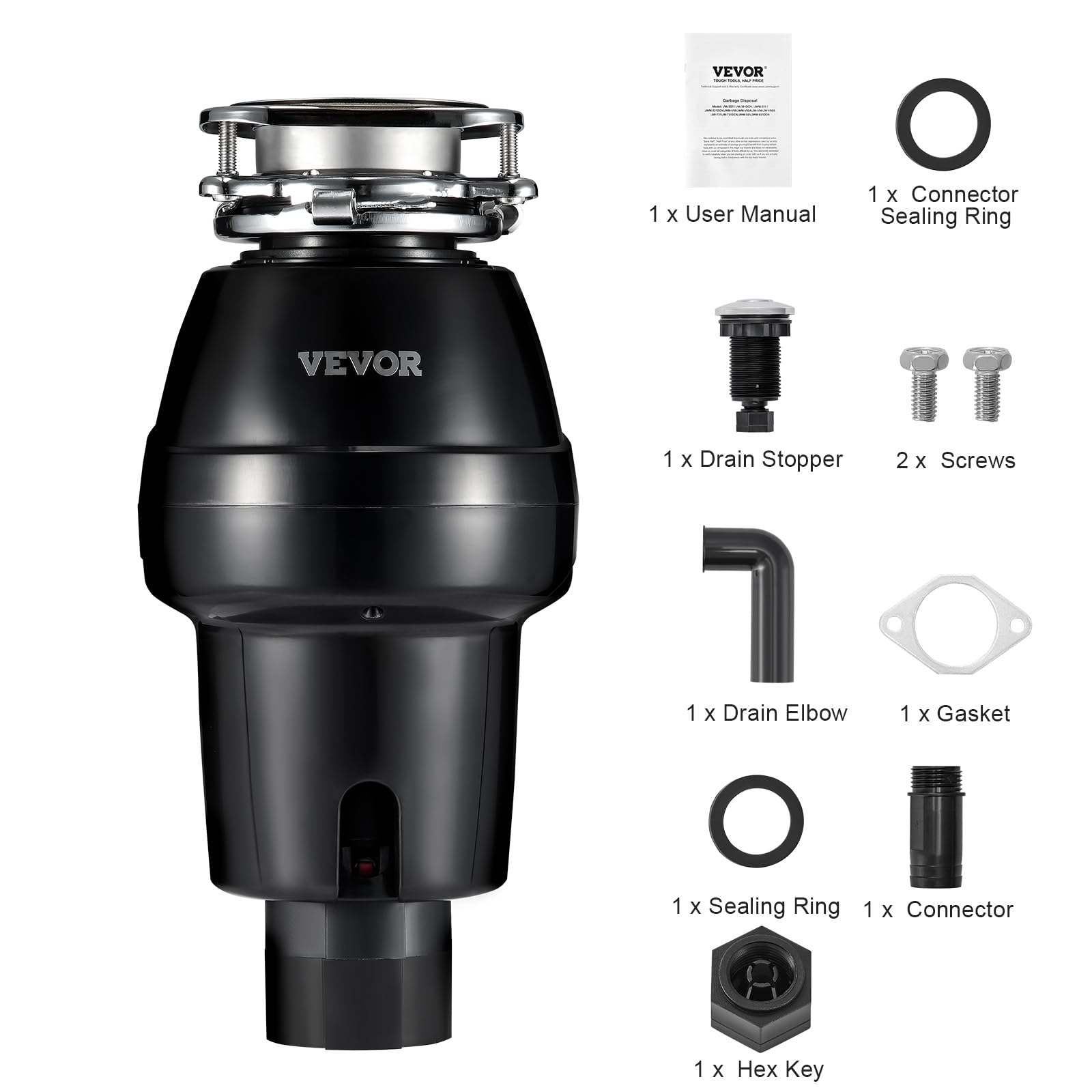 VEVOR Tritarifiuti per Lavello da Cucina, 0,559 kW, Sistema di Smaltimento Rifiuti Alimentari in Acciaio Inox, Montaggio 3 Bulloni, 3600 giri/min, con Cavo di Alimentazione, Paraspruzzi per la Casa