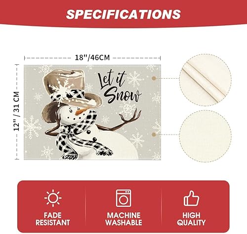 Miniatura 6 de Artoid Mode Juego de 6 manteles individuales de invierno con diseño de copos de nieve y muñeco de nieve gris de 12 x 18 pulgadas para decoración de