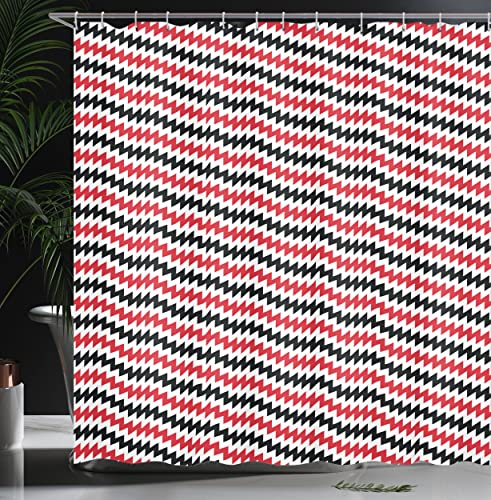 Ambesonne Abstract Shower Curtain, Hypnotizing Vintage Zigzag Chevron Wave Seem Retro Border Like Image, Cloth Fabric Bathroom Decor Set With Hooks, 69" W X 70" L, Vermilion White #TOP2