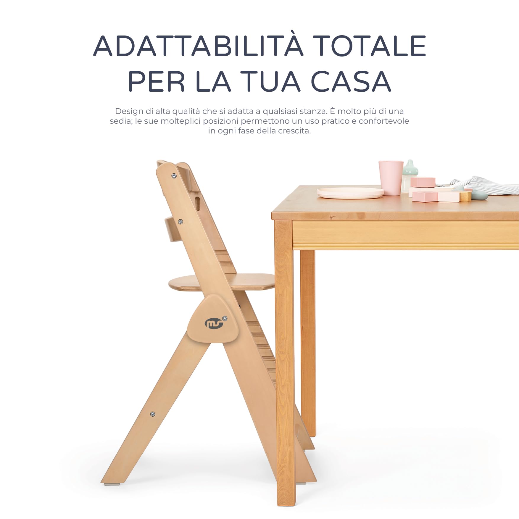 Ms BabyWorld Seggiolone PIEGHEVOLE Full per bambini in legno, completamente pieghevole, evolutivo, seggiolone, ergonomico, regolabile, sicuro,