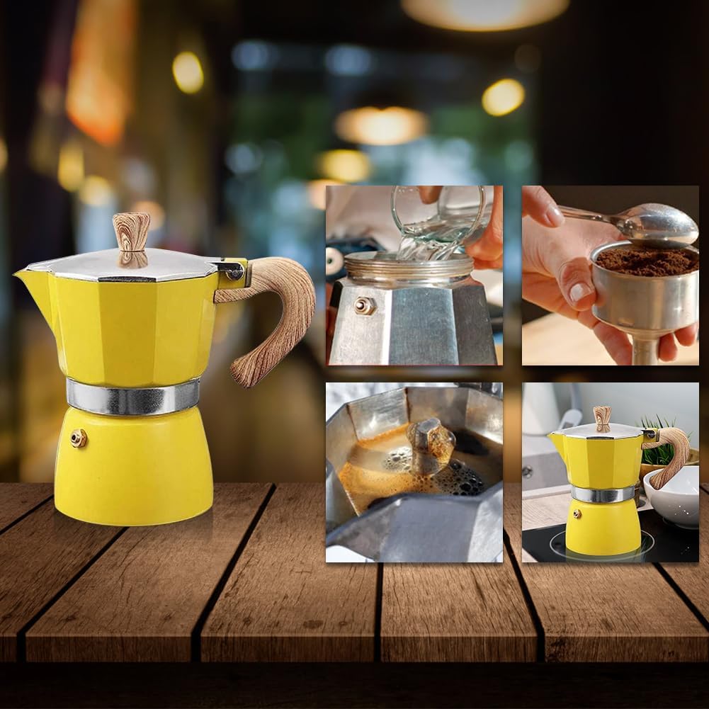 Aluminum Italian Pot Coffee Maker, Portable Maker for Cappuccino Latte, Easy to Use (Yellow 150ml)