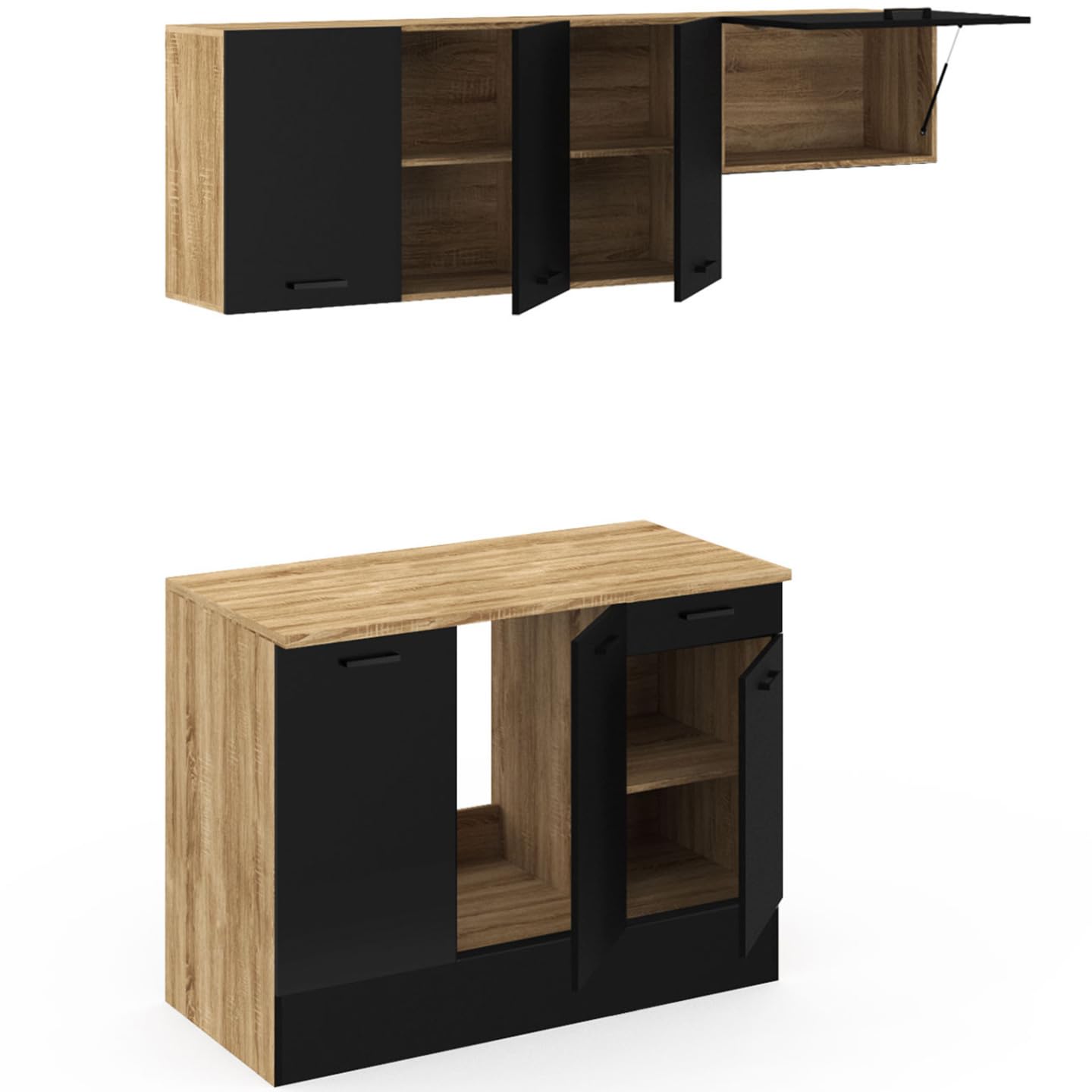 IDMarket - Cocina completa 180 cm Subtil con superficie de trabajo 5 elementos Madera y Negro