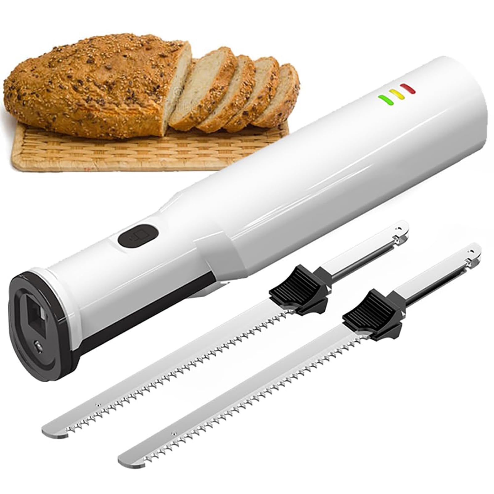 Electric Carving Knife Bread Knife, Cordless Rechargeable Meat Slicer Knife with 2 Serrated 8” Stainless Steel Blades & Safety Lock Trigger Release, Carving Meats, Poultry, Bread