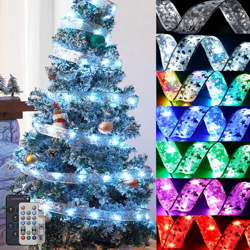 BraveDream 33FT Smart Christmas Ribbon Lights Color Changing Lighted Ribbon 100 LEDs 80 Modes APP & Remote Control Music Sync Timer USB Powered Extendable via App for Tall Xmas Tree Golden