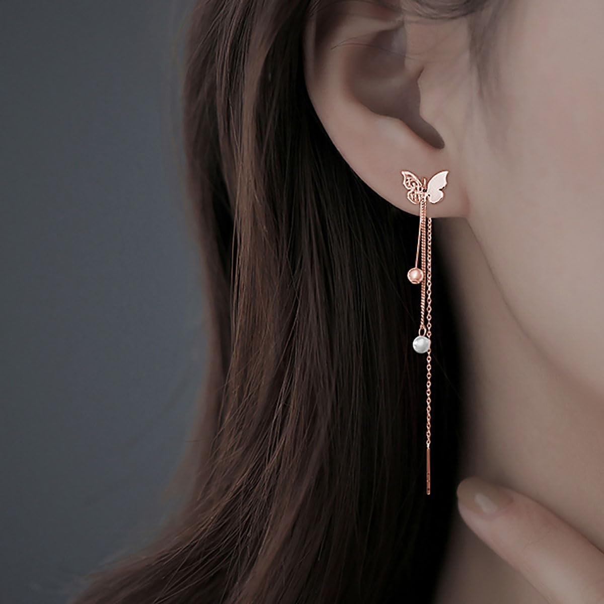 SLUYNZ Sterling Silver Butterfly Threader Earrings Dangle Chain for Women Teens Pearl Long Dangle Earrings Tassel - Image 3
