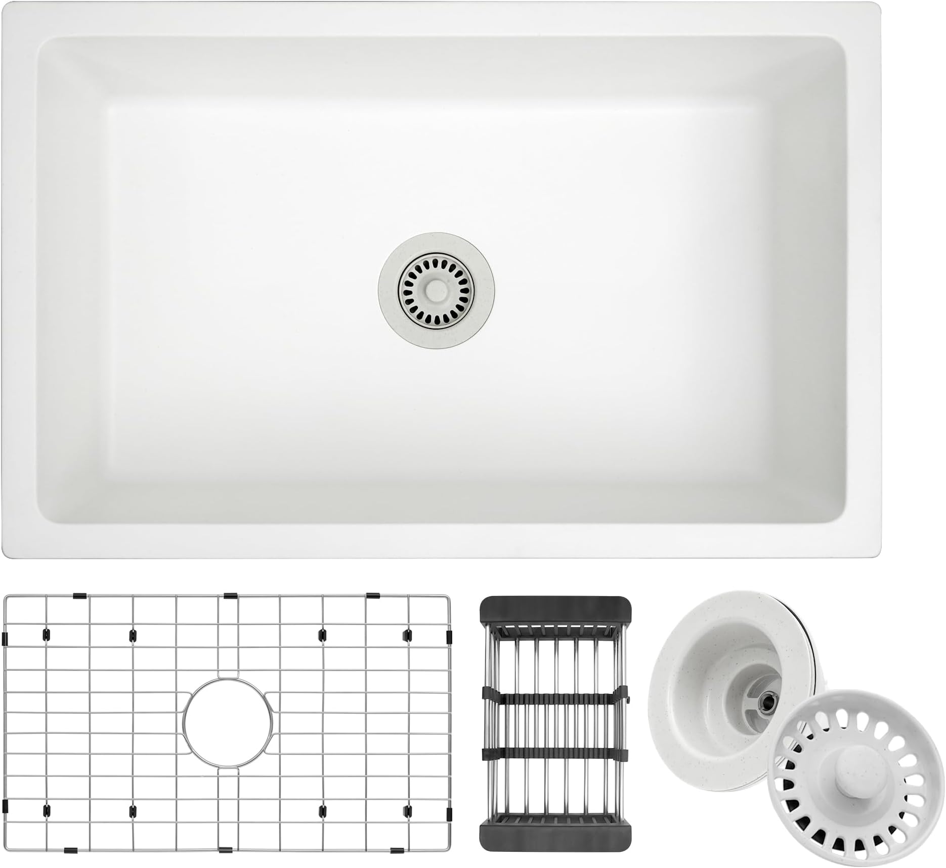 White Kitchen Sink, White Granite Composite Kitchen Sinks with Accessories, 30 Inch Undermount Quartz Stone Kitchen Sink, 30" x 19" x 9" Large and Deep Single Bowl Kitchen Sinks