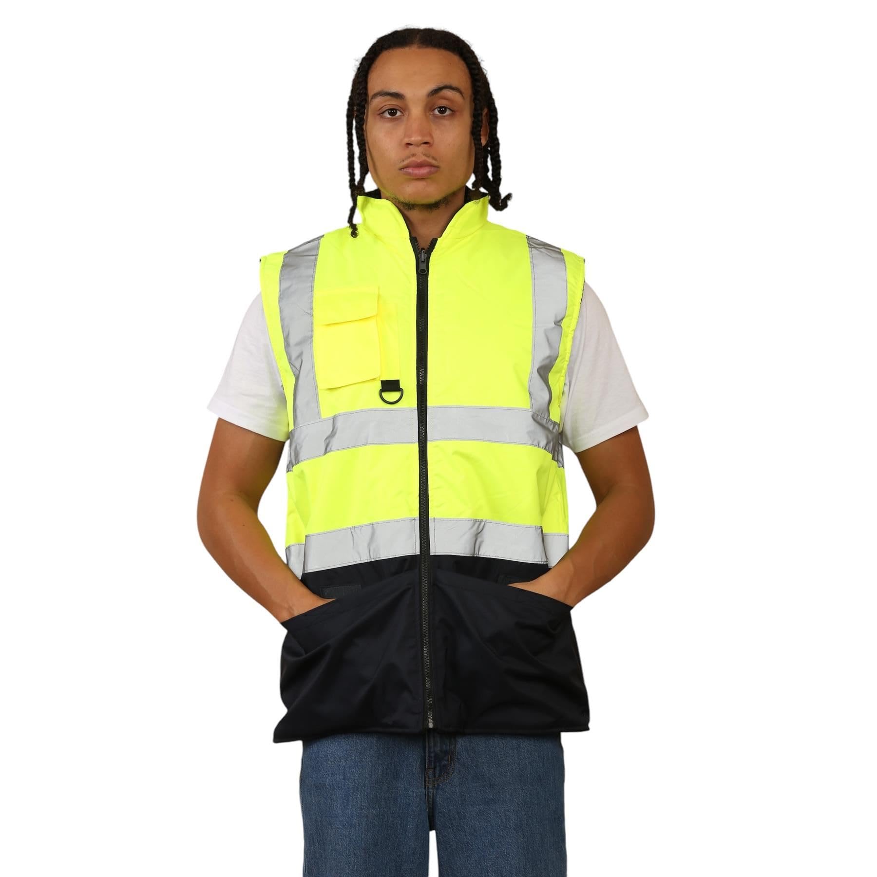 Chaleco de alta visibilidad con forro polar reversible de alta visibilidad para hombre, ropa de trabajo, chaleco de seguridad sin mangas de alta visibilidad con dos bolsillos, soporte para