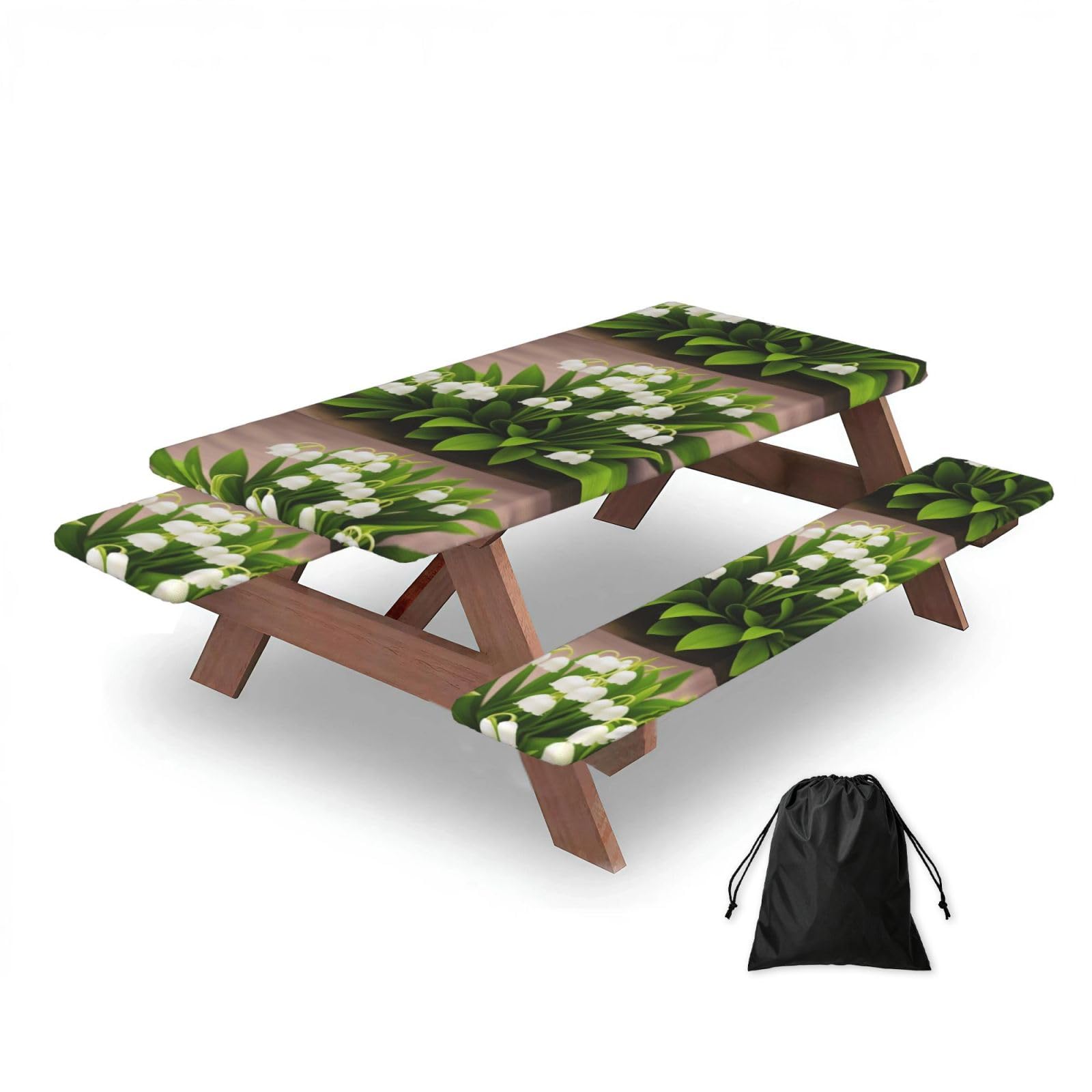 Lily Of The Valley Flower Print, Picnic Table Cover With Bench Covers -Waterproof Elastic Fitted Tablecloth for Garden Camping Patio 76x152cm