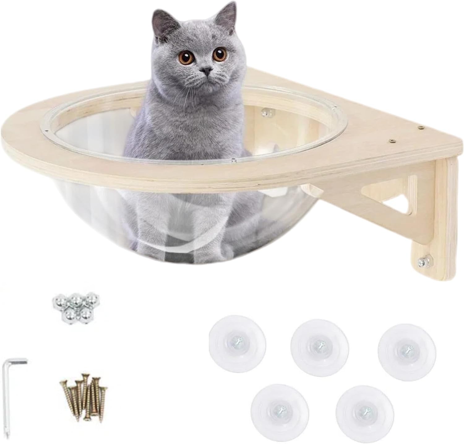 Space Capsule Style Transparent Cover Cat Bed,15.8 * 15.8 * 6in Wall Mounted Cats Shelf House,Perch Seat for Sleeping,Thai Rubber Wood,for Living Room Pet Room,Load of 16.5 Lbs.