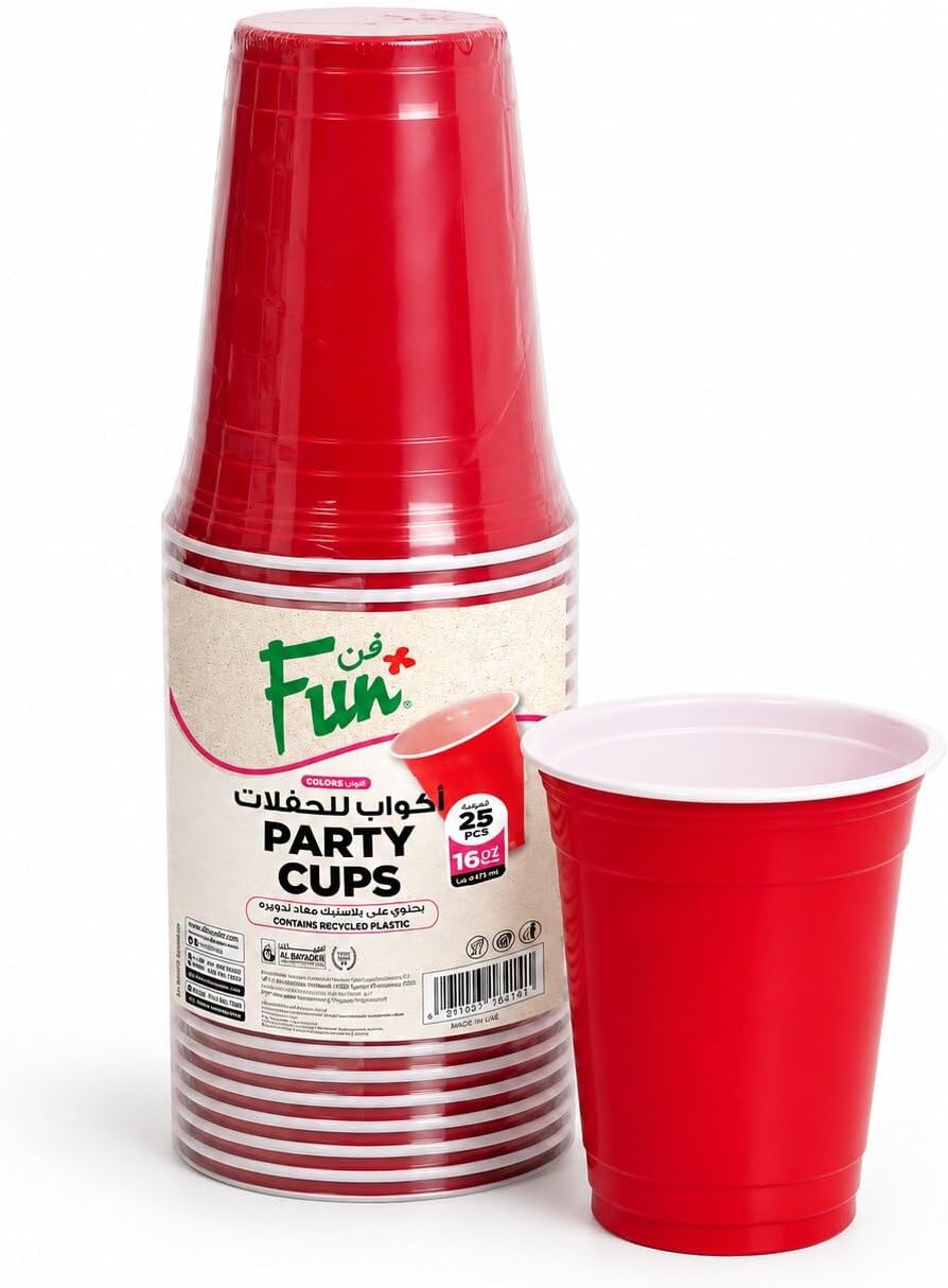FUN BY AL BAYADER ูู Plastic Party Cups 16oz - Red Plastic Cups Sturdy Red Plastic Party Cups Birthday Party Cups for All Occasions, 475ml Cups - 25pieces