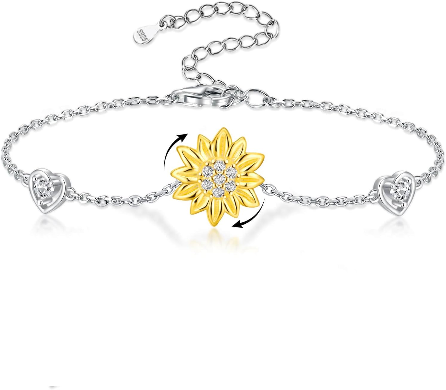 Lotus Sunflower Spinning Fidget Bracelet for Anxiety Sterling Silver Spinner Bracelet Stress Jewelry Gifts for Women (Sunflower)