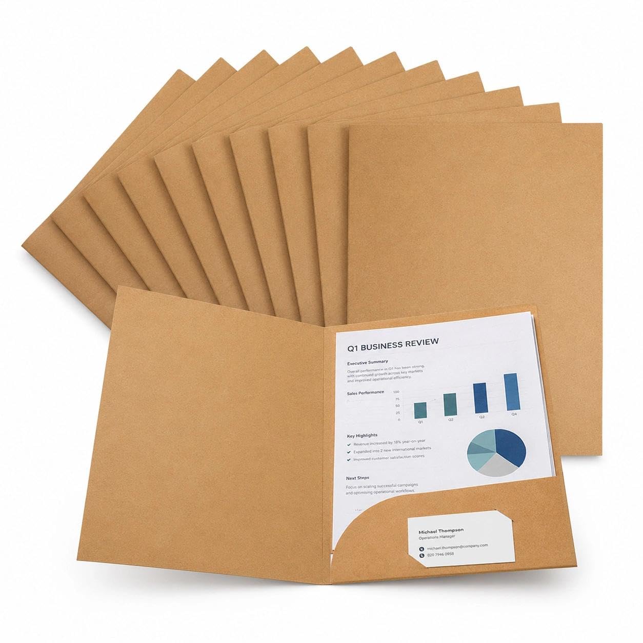 10Pcs Kraft Paper Folders A4, Square Cut Folders with Card Slot, Manilla Presentation Folder for Office School Documents