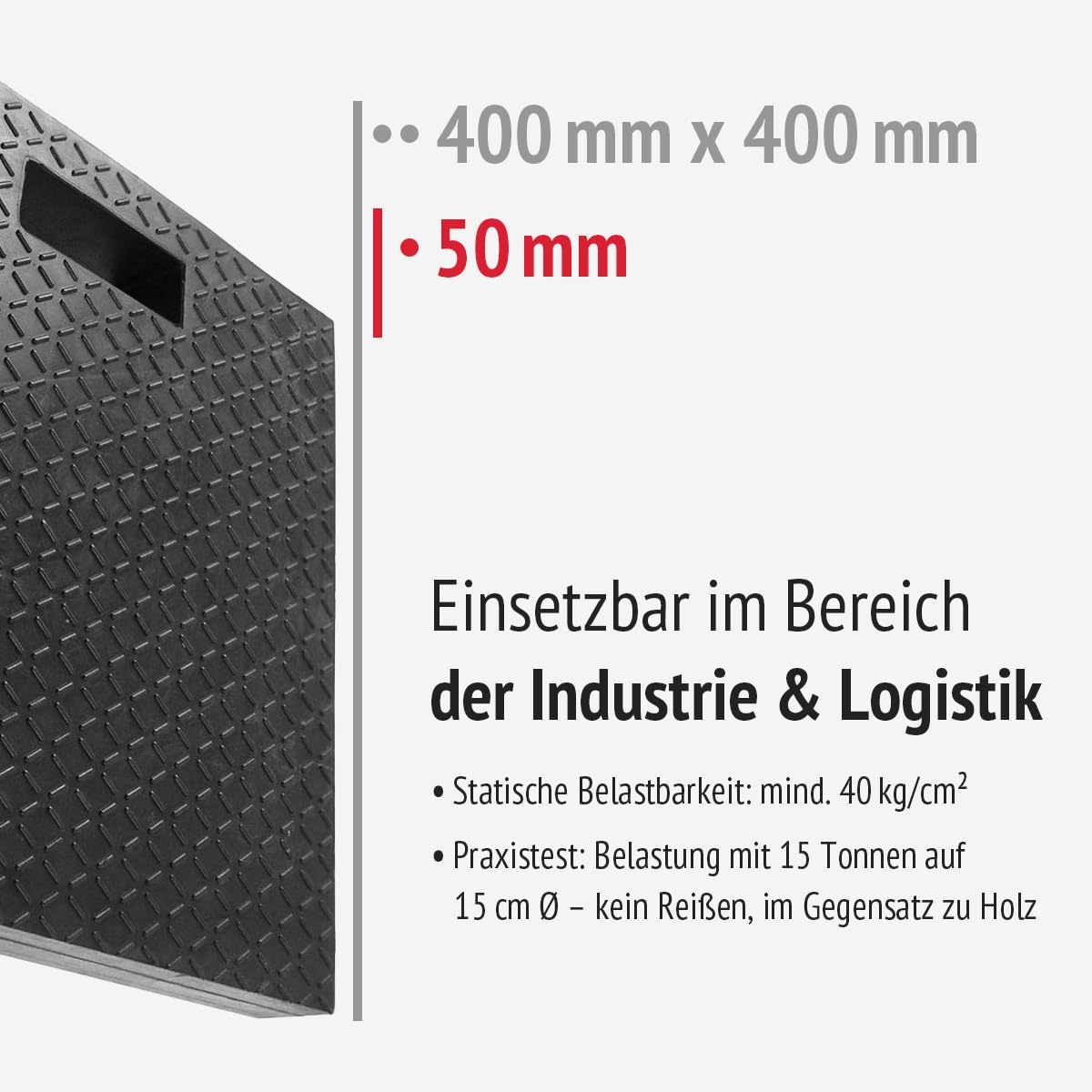 Unterleg-Schutzplatte aus Hartgummi 400x400x50 mm für Stützfüße und Ausleger | Unterlegplatte für Kran, Container, Gerüstbau, LKW