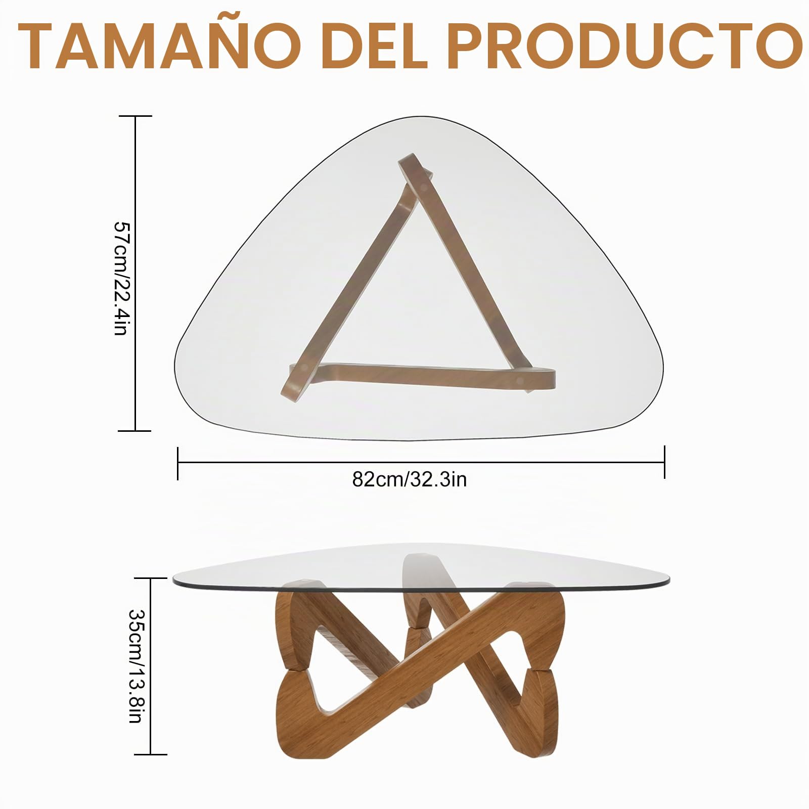 TWSOUL Mesa de Centro Triangular de Vidrio Templado de 82 cm con Base de Madera, Mesa Moderna de salón Elegante para Sala de Estar (Transparente)