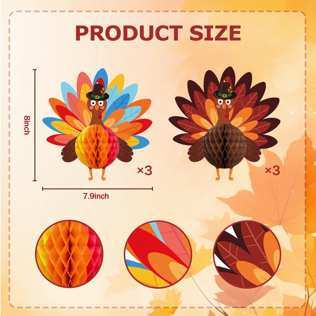 6 Pack Large Thanksgiving Honeycomb Turkey Centerpiece, Thanksgiving Table Decor, Fall Turkey Figure Honeycomb Standing Hanging Decorations for Fall Home Kitchen Tabletop