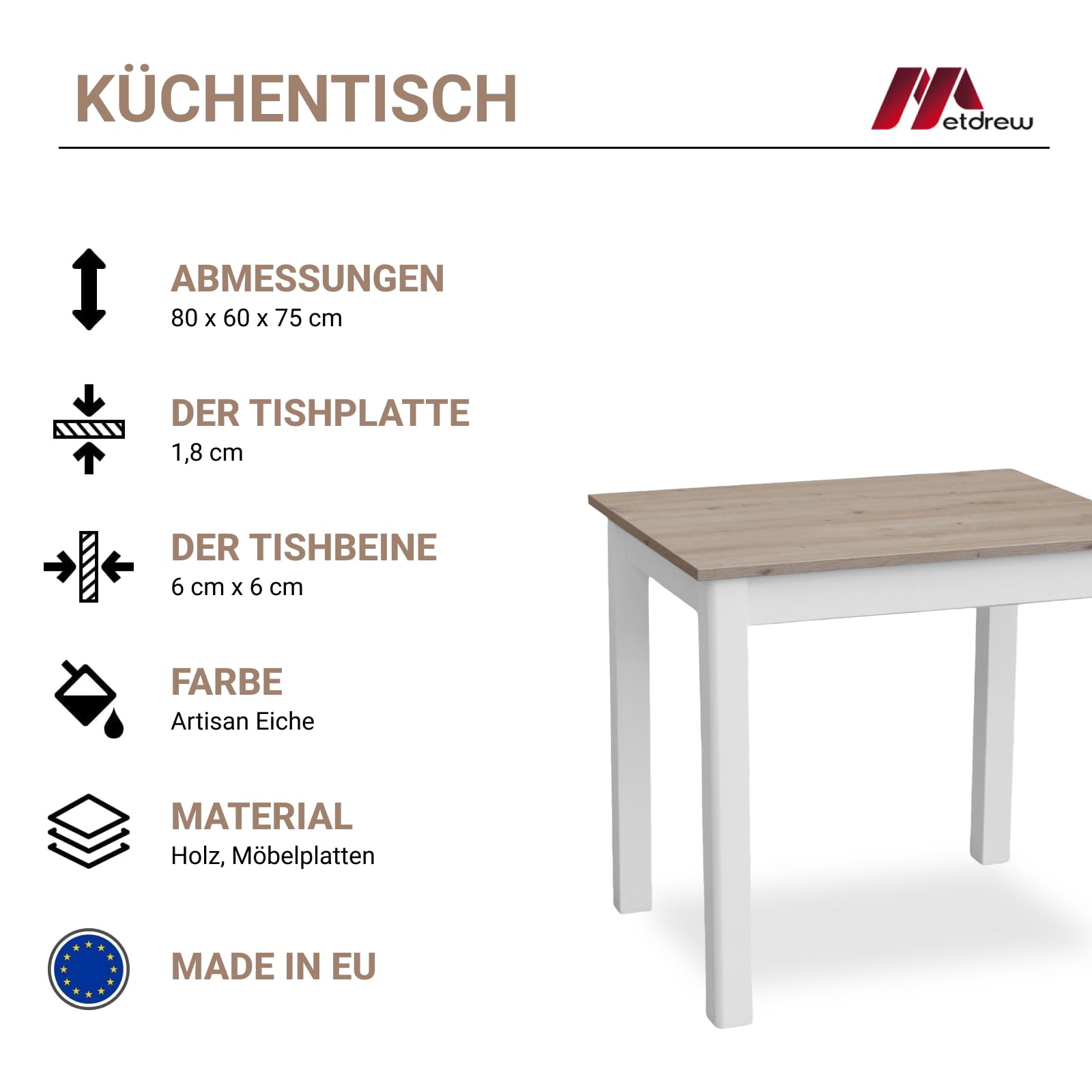 Esstisch aus Holz | 80x60 | holztisch | für 2 Personen | klein Tisch | Skandinavischer Stil | aus Kiefernholz | küchentisch | Tischplatte: Artisan Eiche