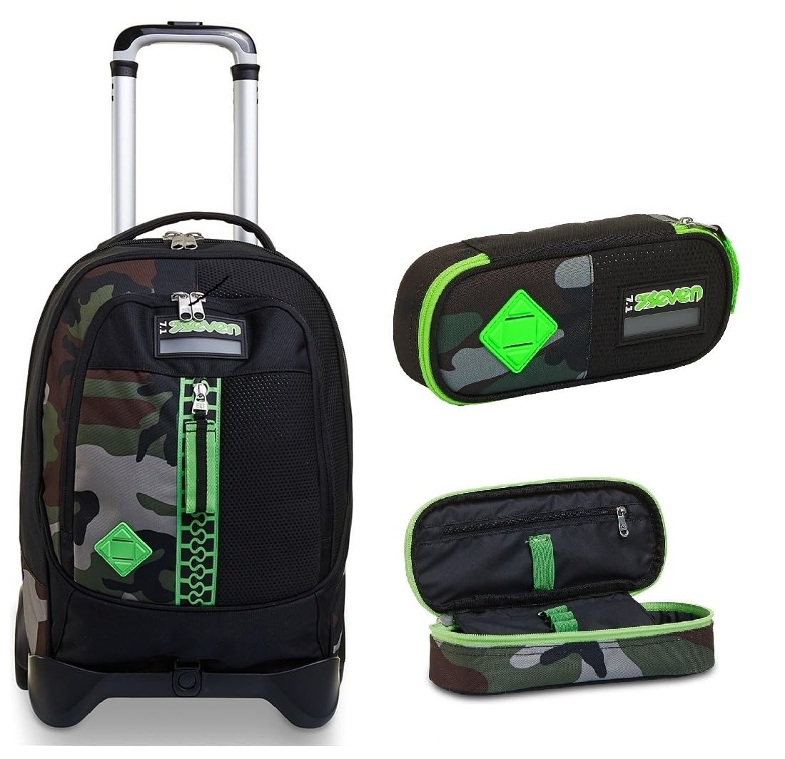Seven Trolley Scuola JACK 2 RUOTE - HALF BLACK, Verde + Portapenne Scuola Bustina, Multicolore