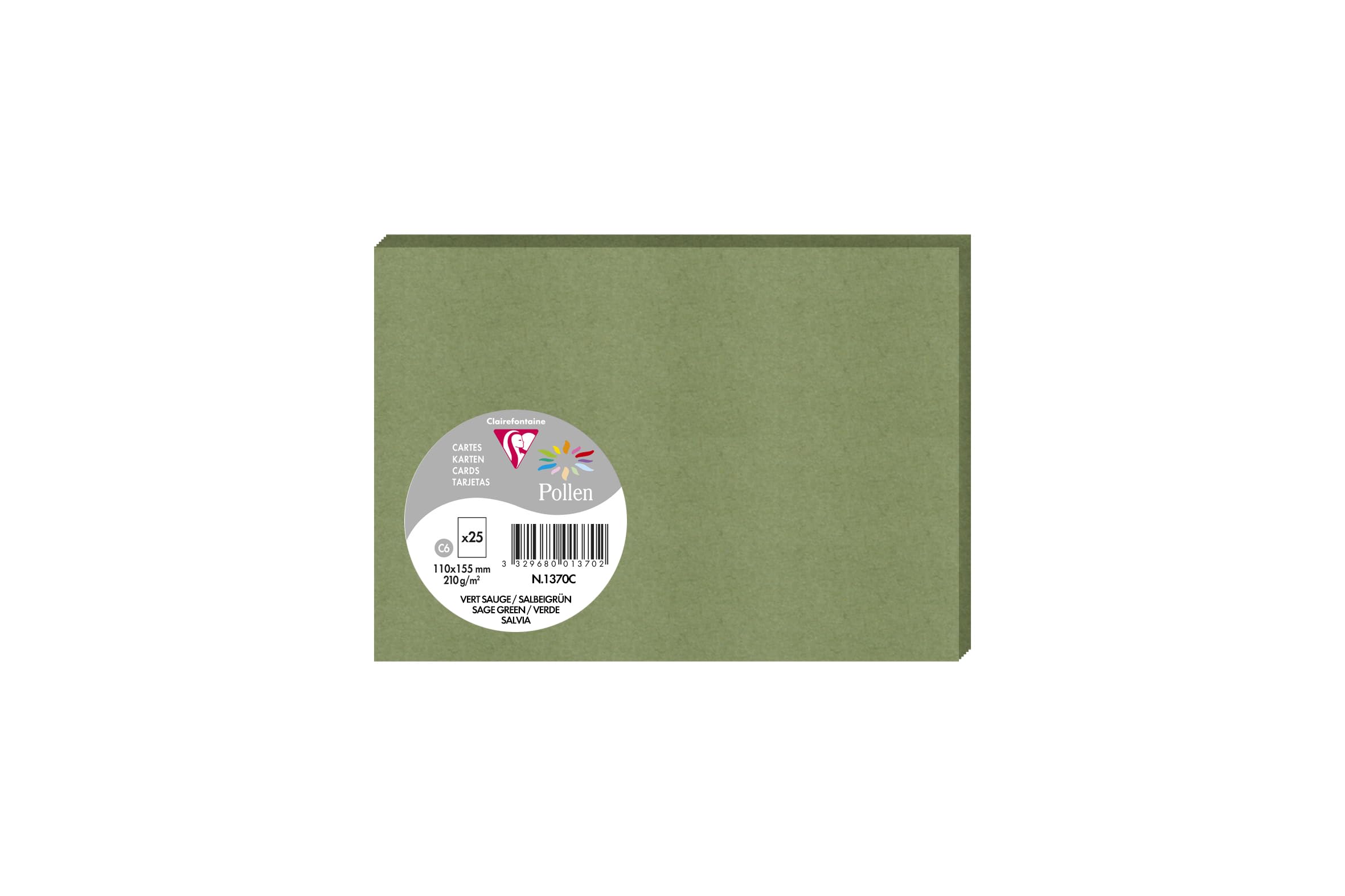 Clairefontaine 1370C Pack of 25 Plain Cards Format C6 11x15,5cm 210gsm Sage Green Events & Correspondence Invitation Cards Pollen Range Smooth Premium Paper