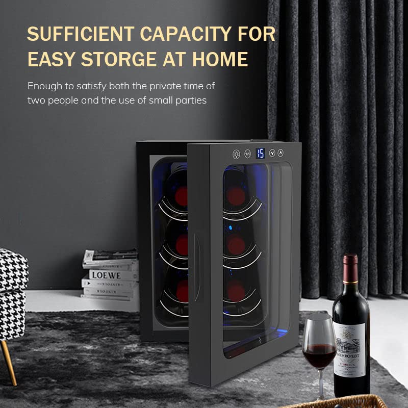 6 Bottiglia di Vino Thermo Electric Wine Cooler, refrigeratore Counter Top Wine Cellar con Display Digitale della Temperatura, Frigorifero Indipendente Porta in Vetro Affumicato - immagine 3