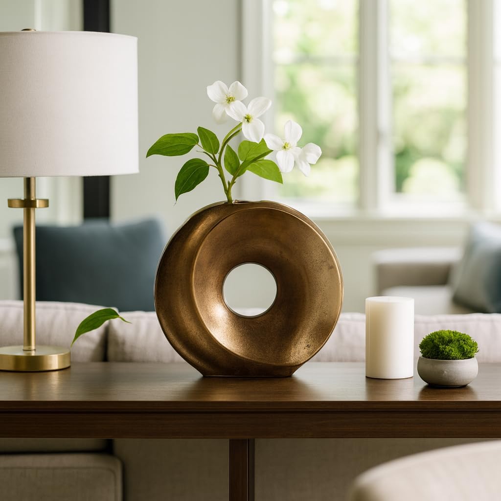 Metal Cut-Out Vase for Living Room Decor and Home Accents - Ideal for House and Table Centerpiece - Modern Decorative Flower Vase for Bedroom and Office Desk Display - 11", Bronze & Copper