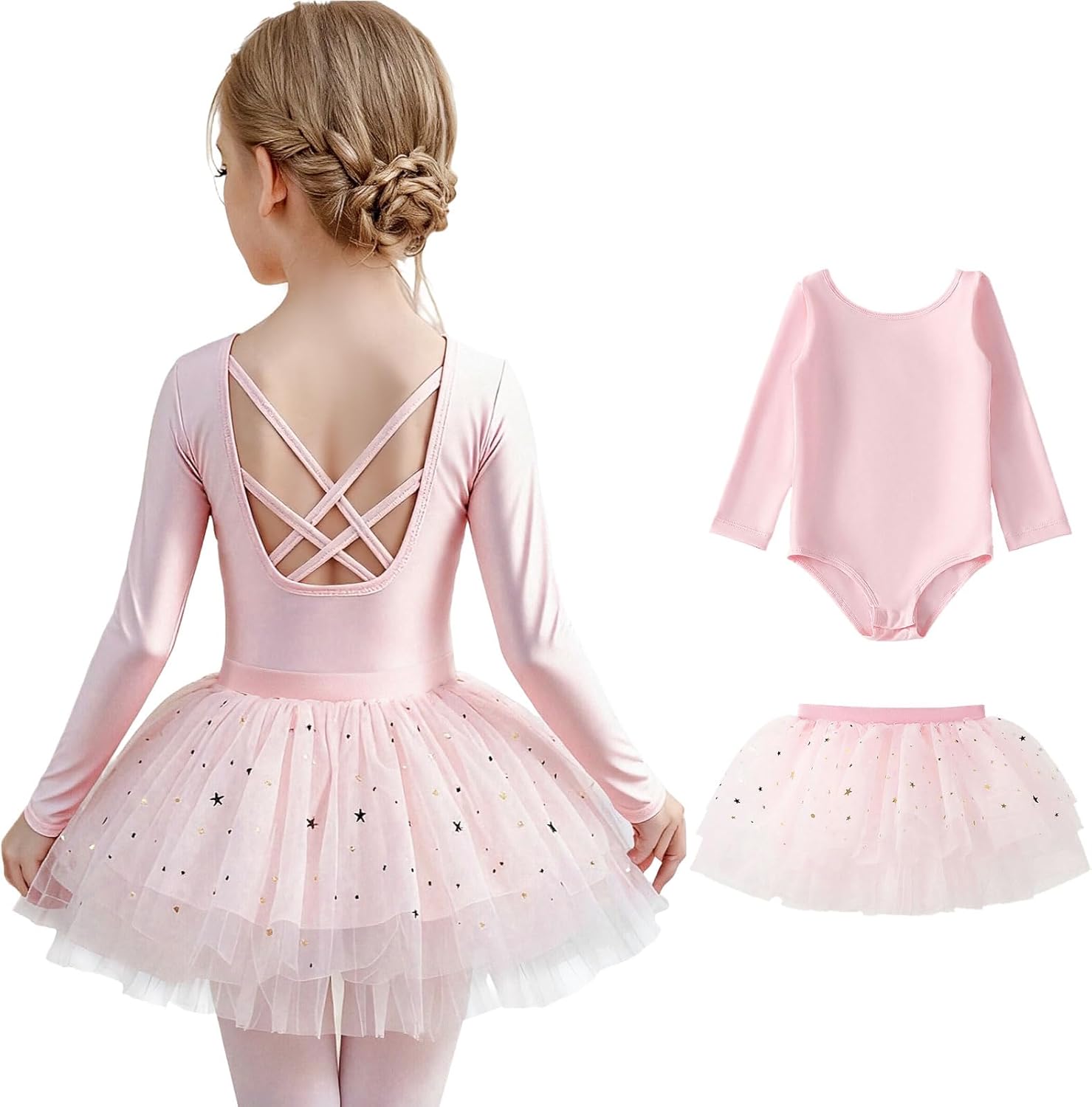 Tutu.kk Girls Ballet Leotards with Removable Tulle Skirt Long Sleeve Crisscross Back Dance Dress Outfit for Toddler Girls