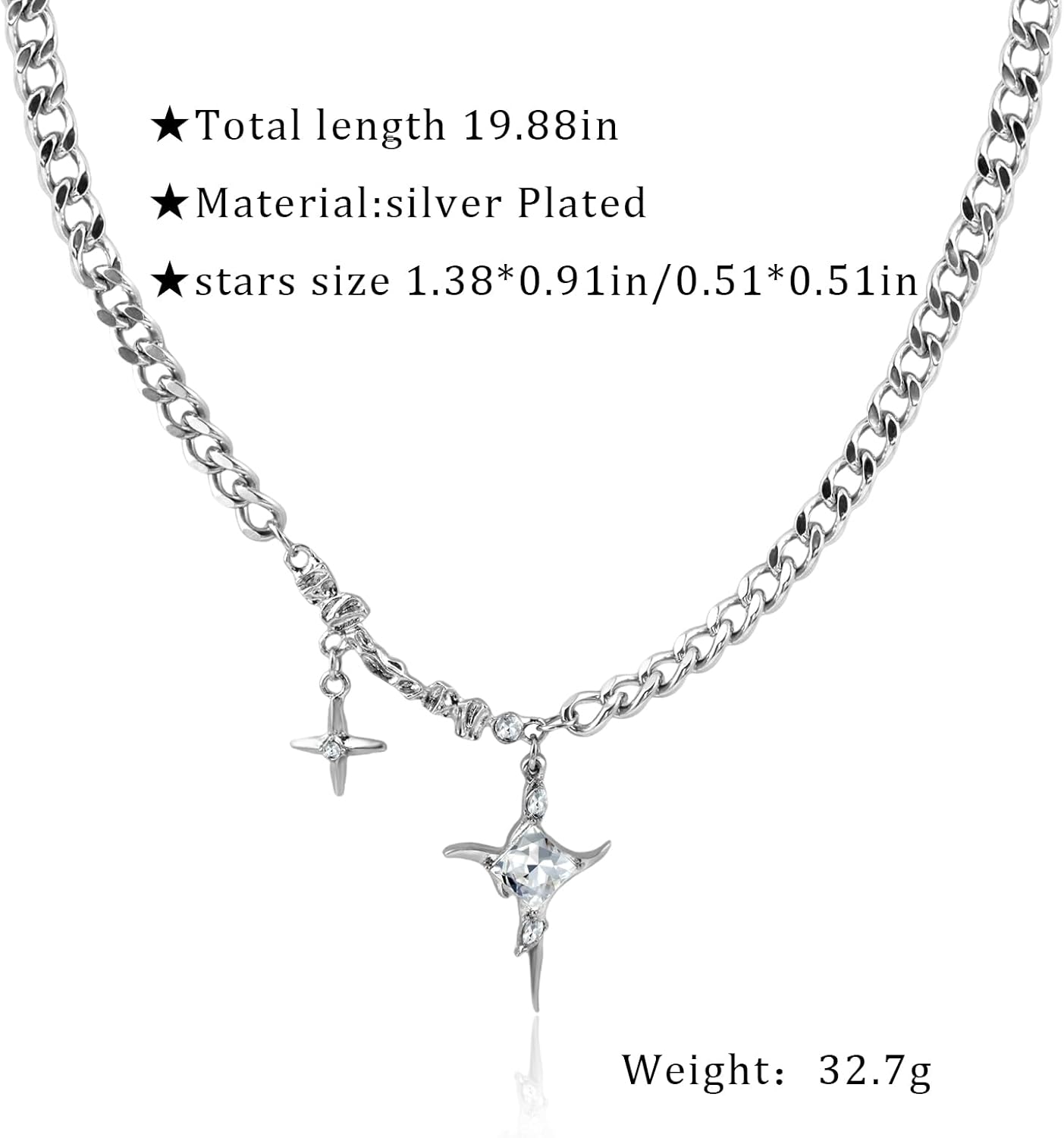 Chunky Silver Star Pendant Necklace for Women Chain Necklace Y2k Style with Big Sparkle Cubic Zirconia and Small Star - Image 5