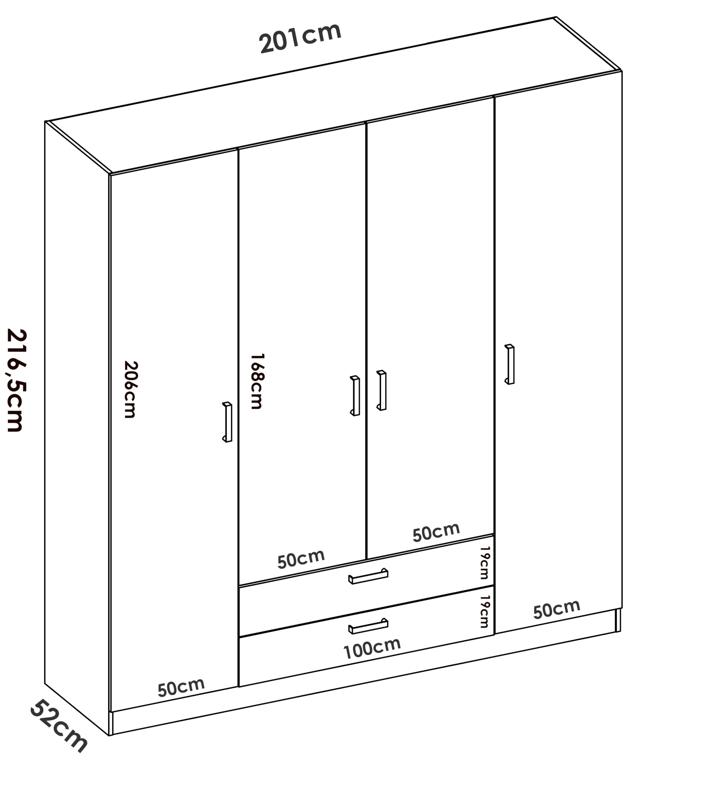 DEKIT GRUPO RIMOBEL MAXI - Armario de cuatro puertas y dos cajones - BLANCO - 215 x 200 x 52 cm