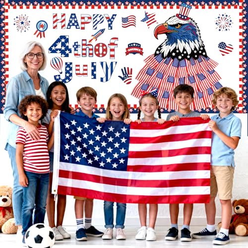 Image of 4th of July Bulletin Board Decorations Set, USA Patriotic Decor with Red White Blue Flags Board Border Paper Firework, Independence Day Cartoon for Memorial Veterans Day Classroom Door Party Supplies