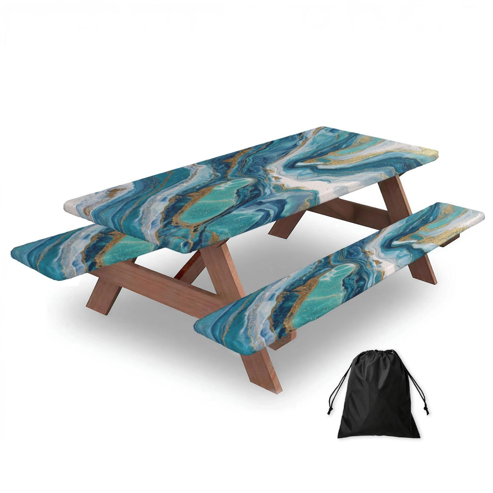 Nappe de pique-nique lavable et extensible en élasthanne ajusté marbré bleu et blanc